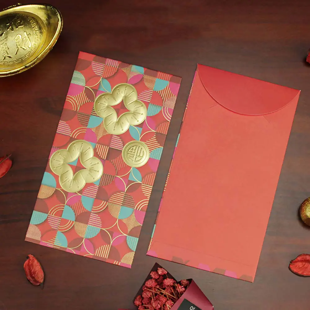 Set of 6 High Quality 120gsm Paper Red Packets with Gold Embossed Flowers