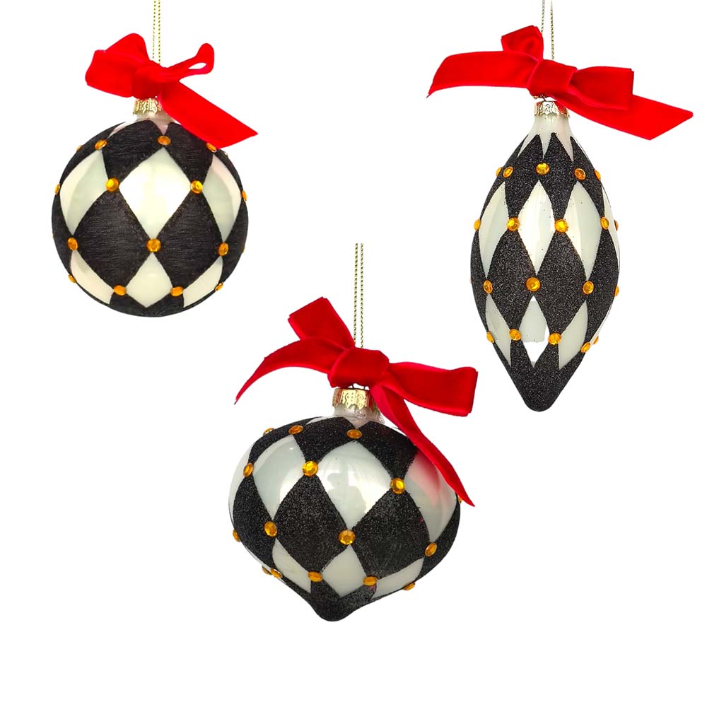 Mixed Black/White Harlequin Glass Ornament with Red Bows - La Maison ...