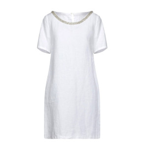 Đầm Linen Trắng Cổ Đính Cườm Đá – Hiệu 120% Lino (Ý)