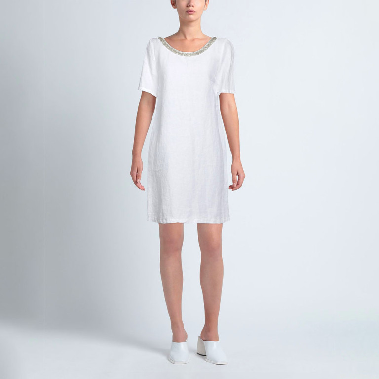 Đầm Linen Trắng Cổ Đính Cườm Đá – Hiệu 120% Lino (Ý)