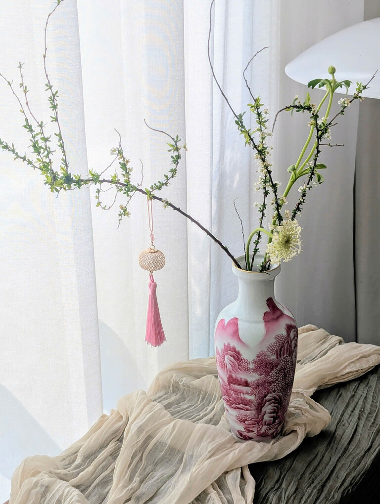 Pink Ceramic Vase with Landscape