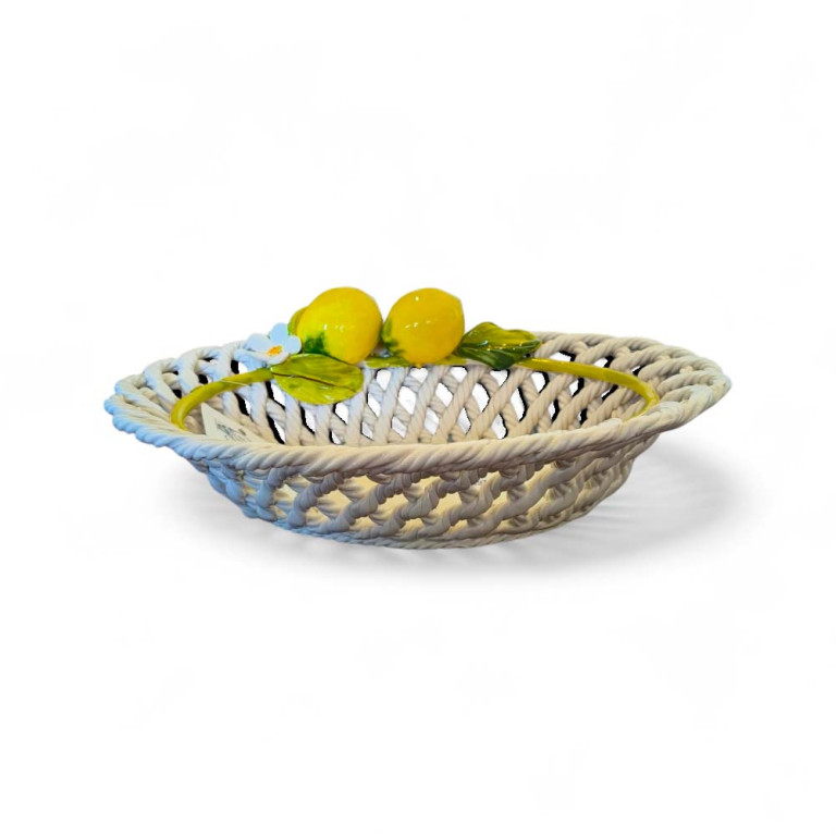 Oval Yellow Lemon Ceramic Fruit Basket with Green Rim