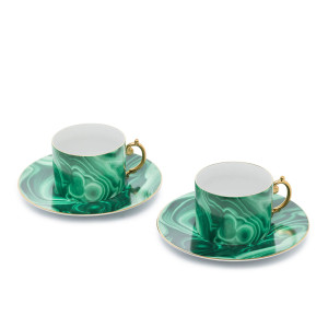 Set of 2 Malachite Tea Cup and Saucers with 24k Gold Handle – L’Objet (US)