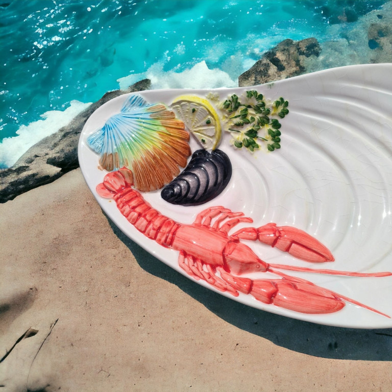 Ceramic Seashell Serving Plate with 3D Seafood (Italy)