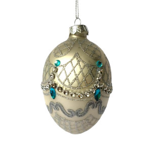 Silver Glass Egg Ornament with Blue Details