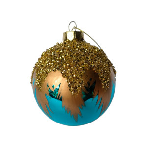 Shiny Blue Glass Ornament with Gold Bead Details 10cm