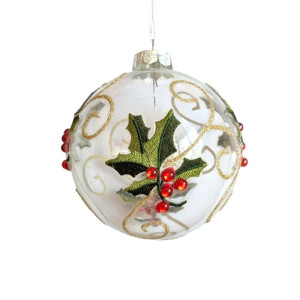 Clear Glass Ornament with Mistletoe Details 10cm