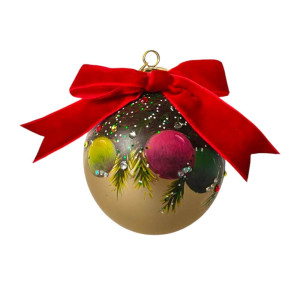 Gold Glass Baubles with Sticker and Red Velvet Bows – 10cm