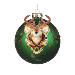 Green Glass Ornament with Deer Head Details 10cm