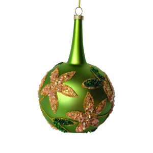 Green Metallic Teardrop-Shaped Glass Ornament with Beaded Flower Details Diameter 12cm