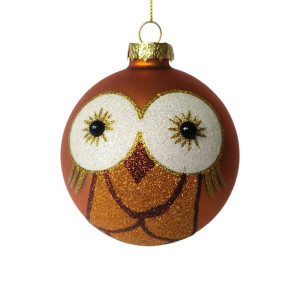 Orange Glass Ornament with Glittered Owl Image 10cm