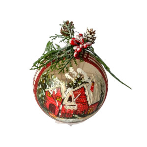 Hand-Painted Glass Ornament with Red Berry Branch Details 10cm