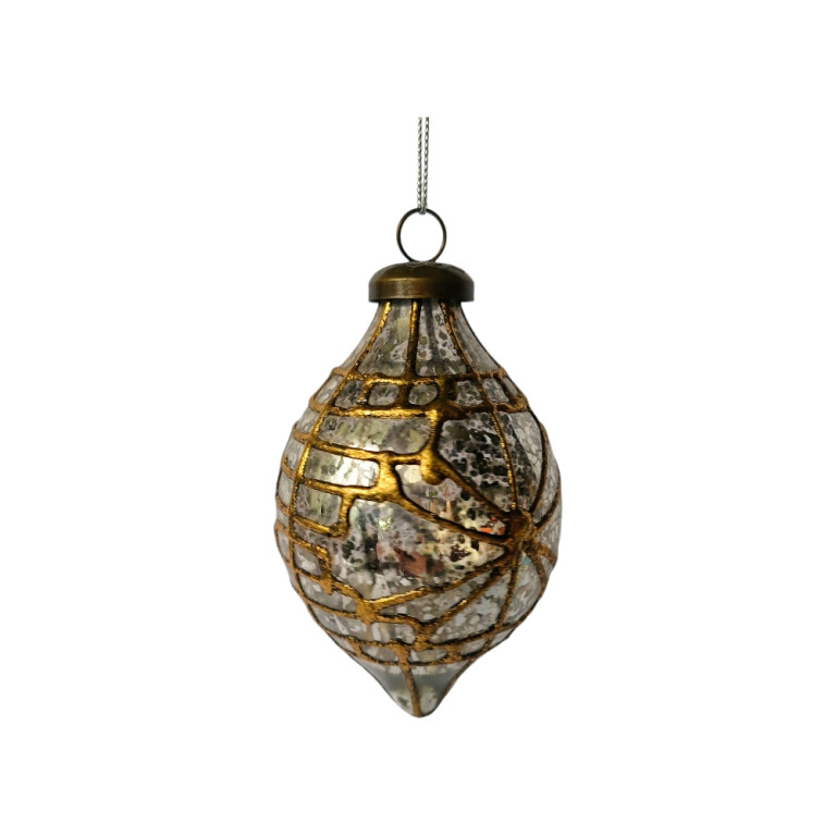 Silver Olive-Shaped Glass Ornament with Gold Vintage-Style Details