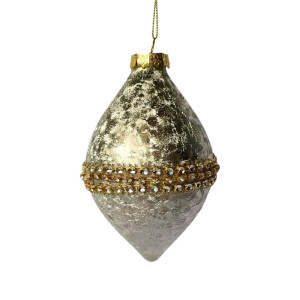 Silver Glitter Olive-Shaped Glass Ornament with Rhinestones 10cm