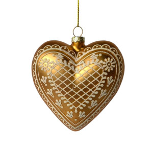 Gold Heart-Shaped Glass Ornament with Lattice Details