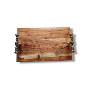 Handcrafted Indian Wooden Serving Tray with Metal Handles for Cold Cuts