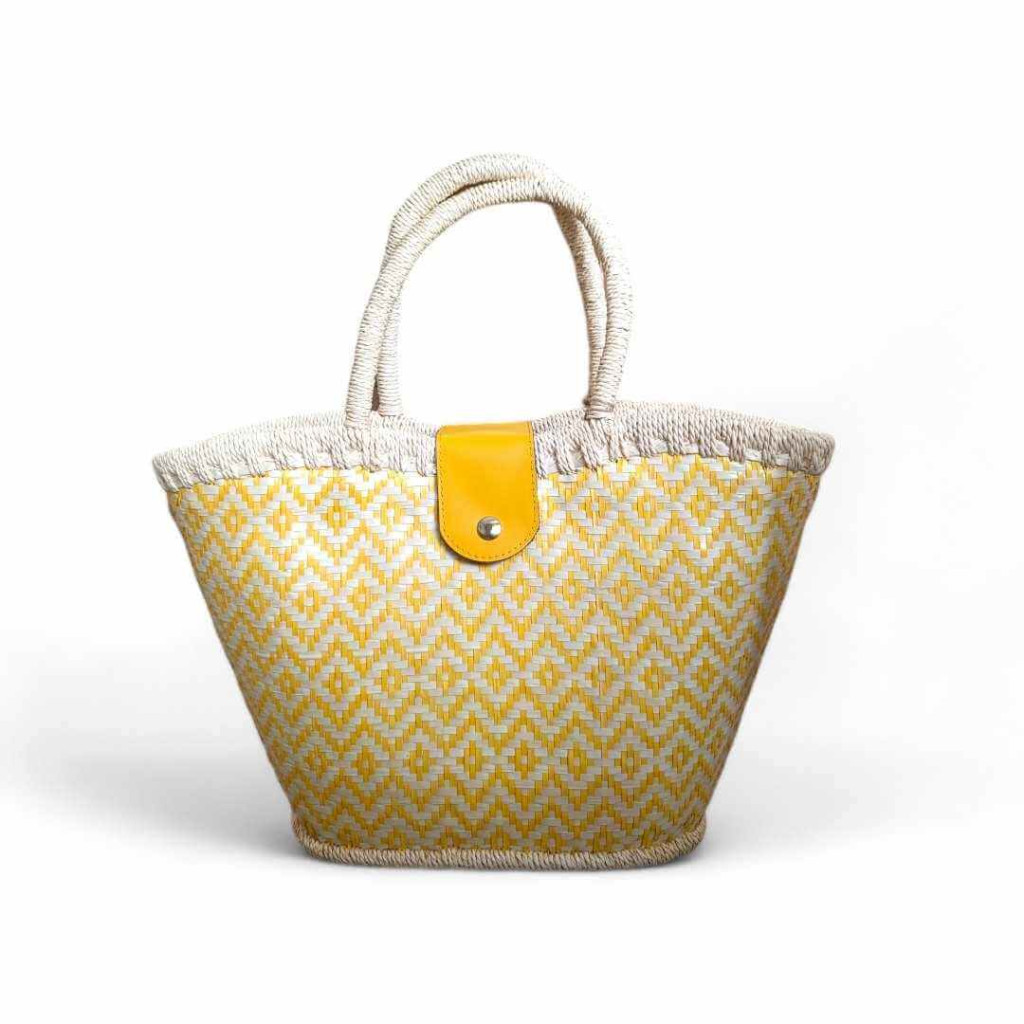 Yellow Straw Bag with Genuine Leather Details