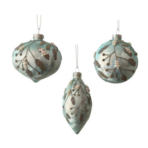 Set of 6 Light Blue Glass Ornaments with Beads and Pearls