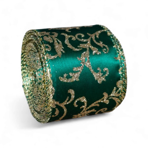 Emerald Green Ribbon with Gold Glitter Pattern, 63mm Width – 9m Roll