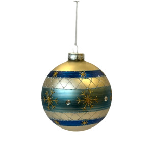 Blue Striped Glass Ornament with Gold Snowflake, Size 10cm