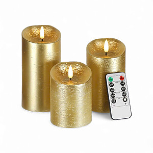 Set of 3 Large Gold Wax-Coated LED Decorative Candles with Remote Control