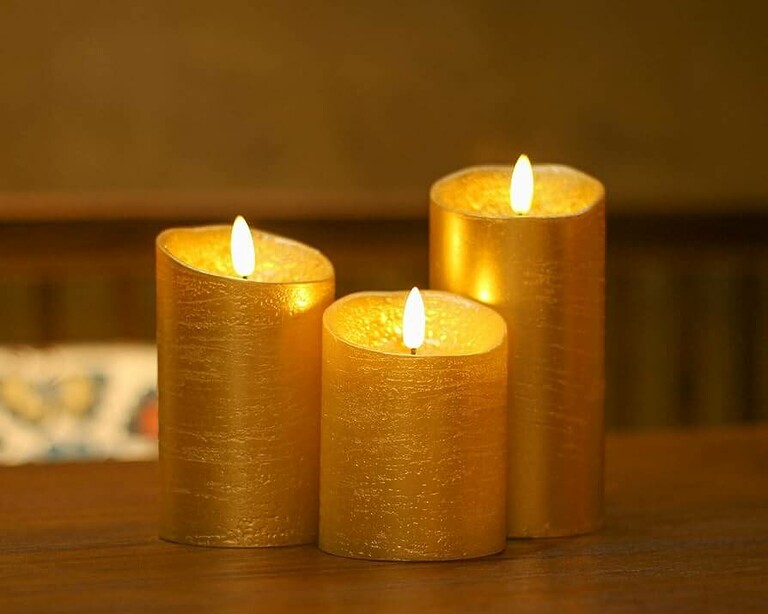 Set of 3 Large Gold Wax-Coated LED Decorative Candles with Remote Control