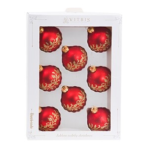 Set of 8 Red Glass Ornaments with Glittering Gold Leaf Patterns – Vitbis Brand (Poland)