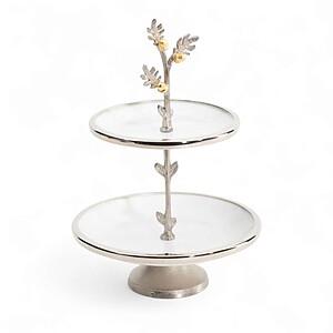 Two-Tier Enameled Metal Cake Stand with Nut Decorations – Handcrafted in India