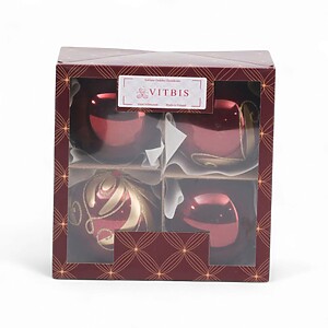 Box of 4 Bordeaux Red Glass Baubles with Hand-Painted Gold Patterns, 10cm – Brand Vitbis (Poland)