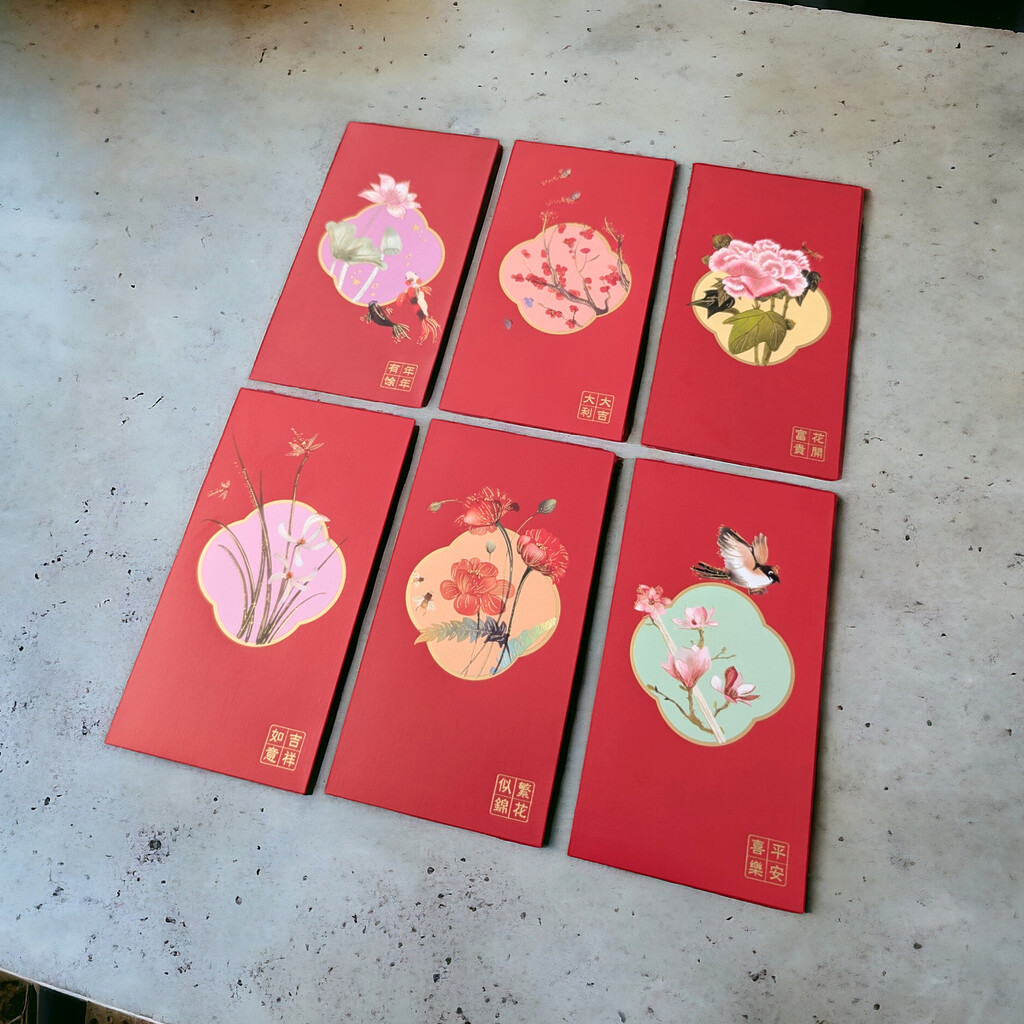 Set of 6 High Quality 160gsm Paper Red Packets with Spring Flowers