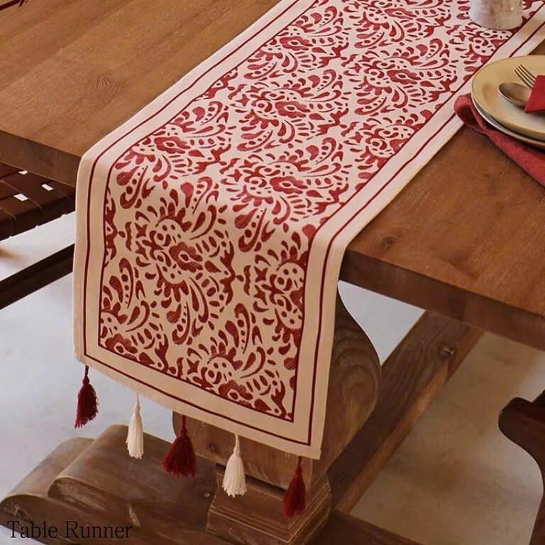 Red and White Table Runner with Classic Pattern Design